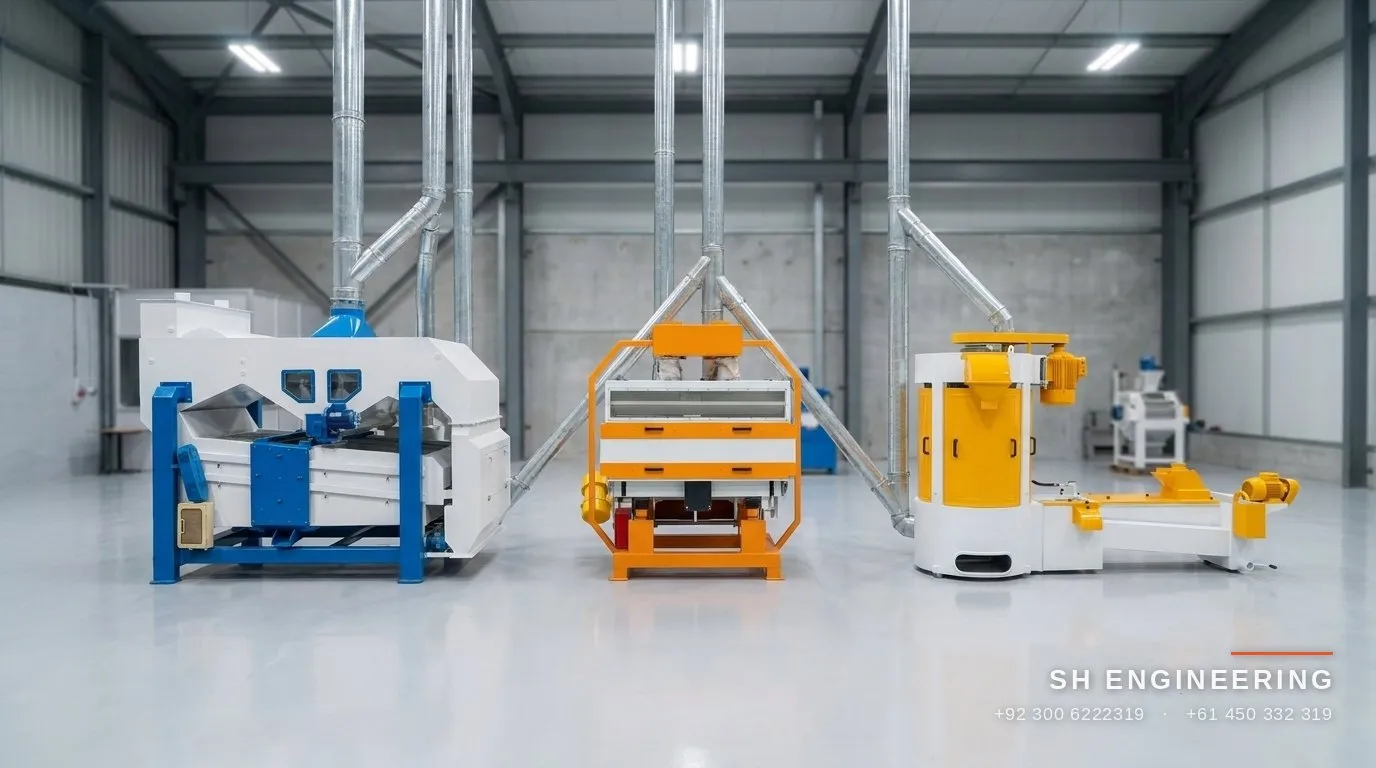 Wheat cleaning section line with separator, destoner and washer