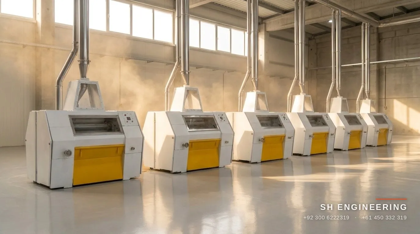 Roller mill floor with a line of SH-RM40 machines inside a client flour mill