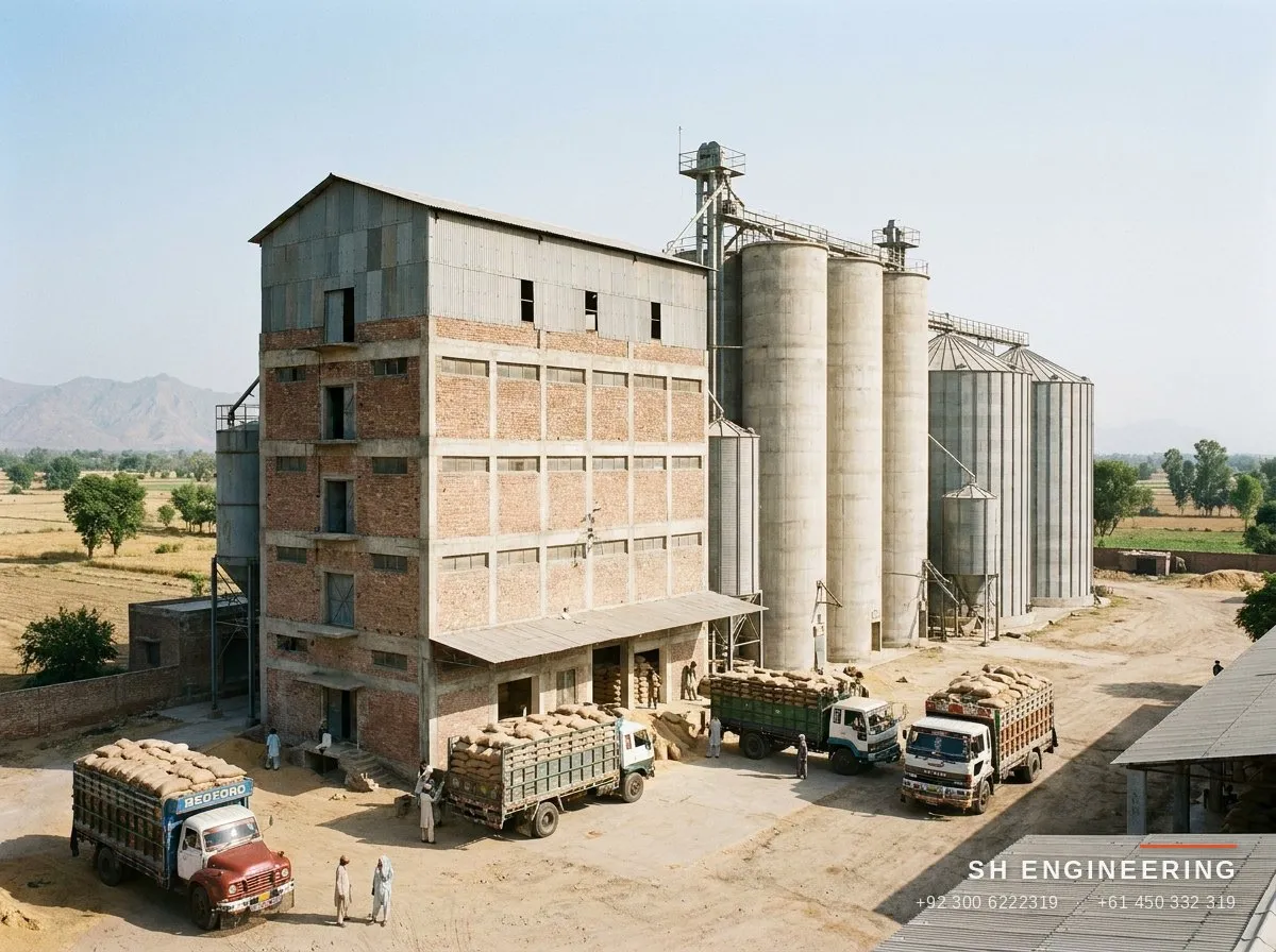 Flour mill complex with grain silos in Punjab