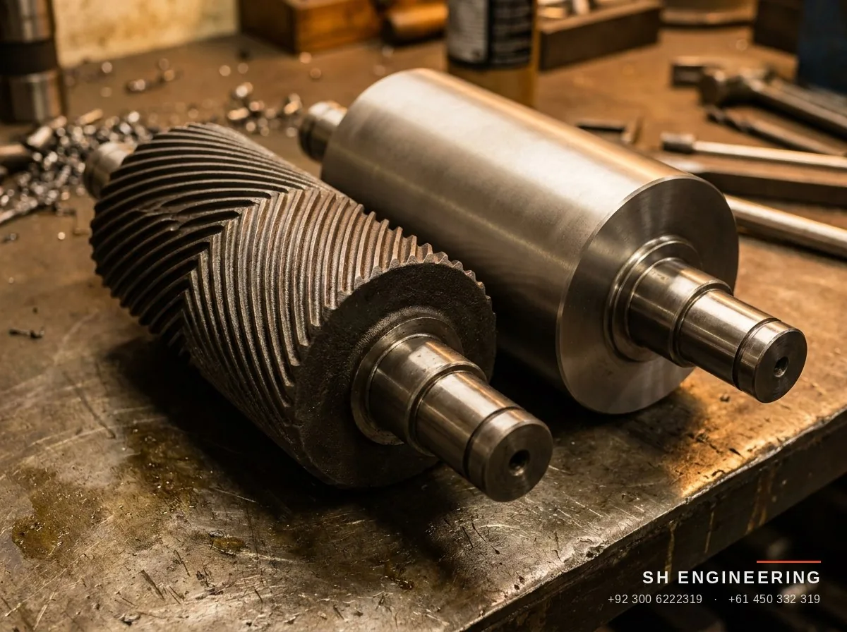 Chilled fluted break roll beside a smooth soft reduction roll on a workshop bench