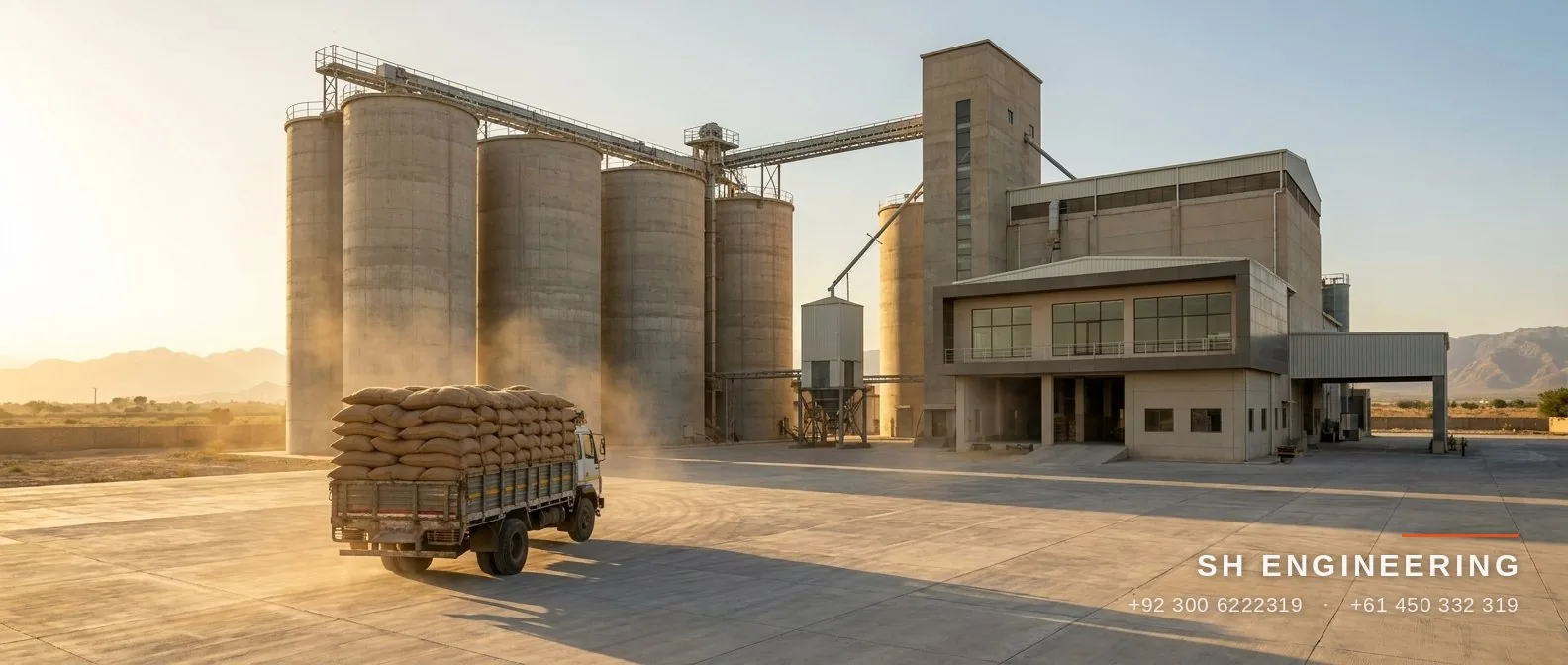 Flour mill complex with grain silos at golden hour, Punjab, Pakistan