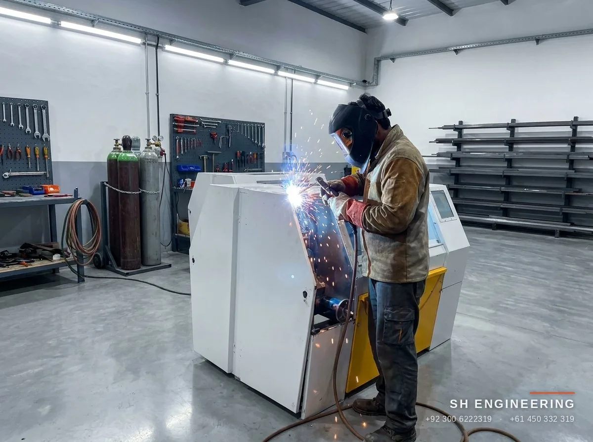 A technician in full welding PPE fabricating an SH-RM40 roller mill body in the Gujrat workshop
