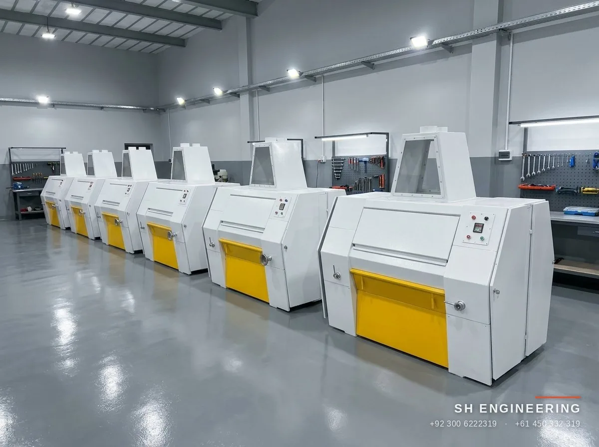 A row of finished SH-RM40 roller flour mills in the SH Engineering workshop, Gujrat